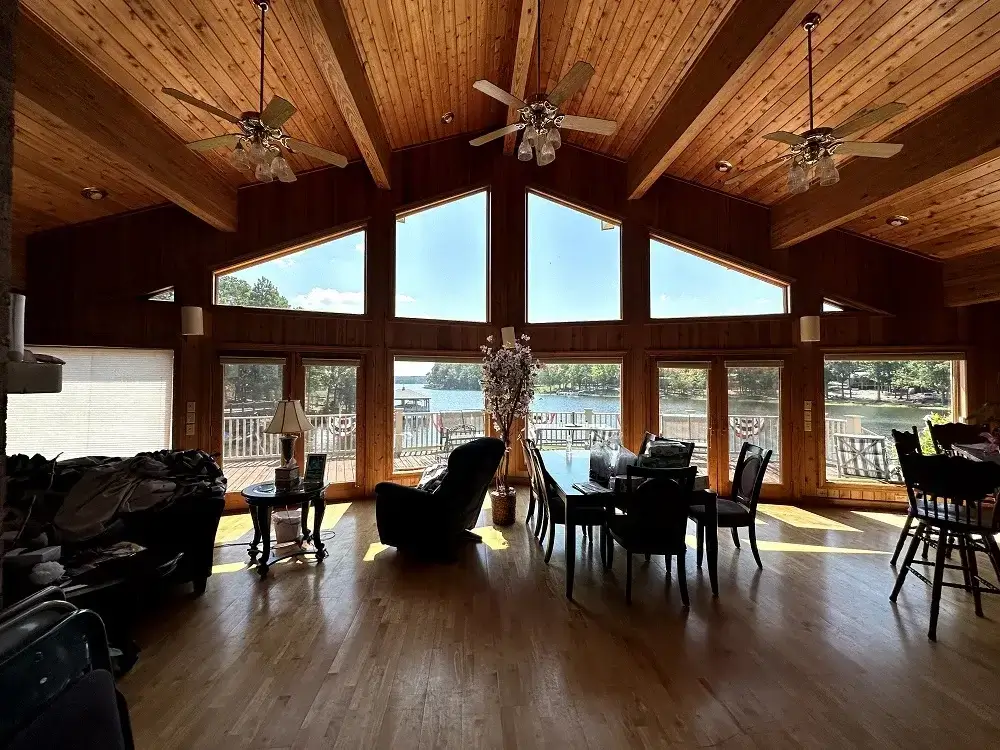 LLumar window film in wood-ceilinged home with lake view