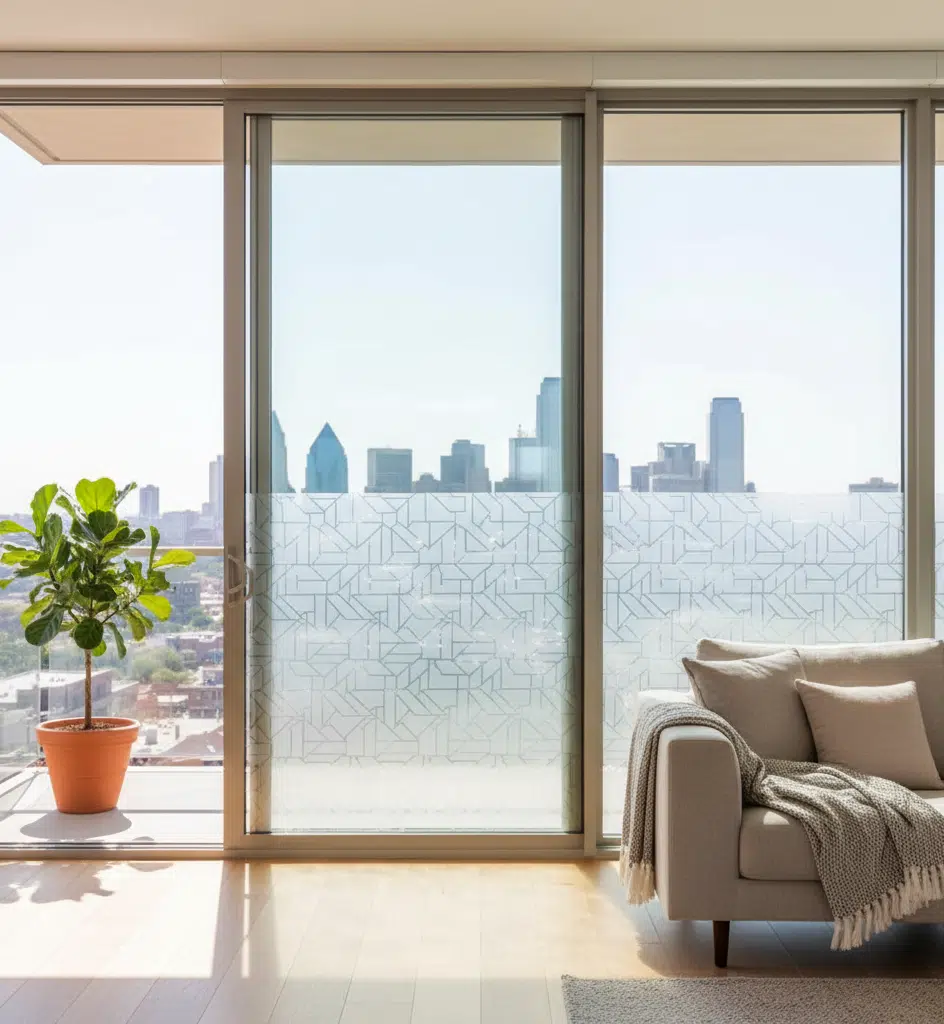 Decorative window film with clear city skyline view