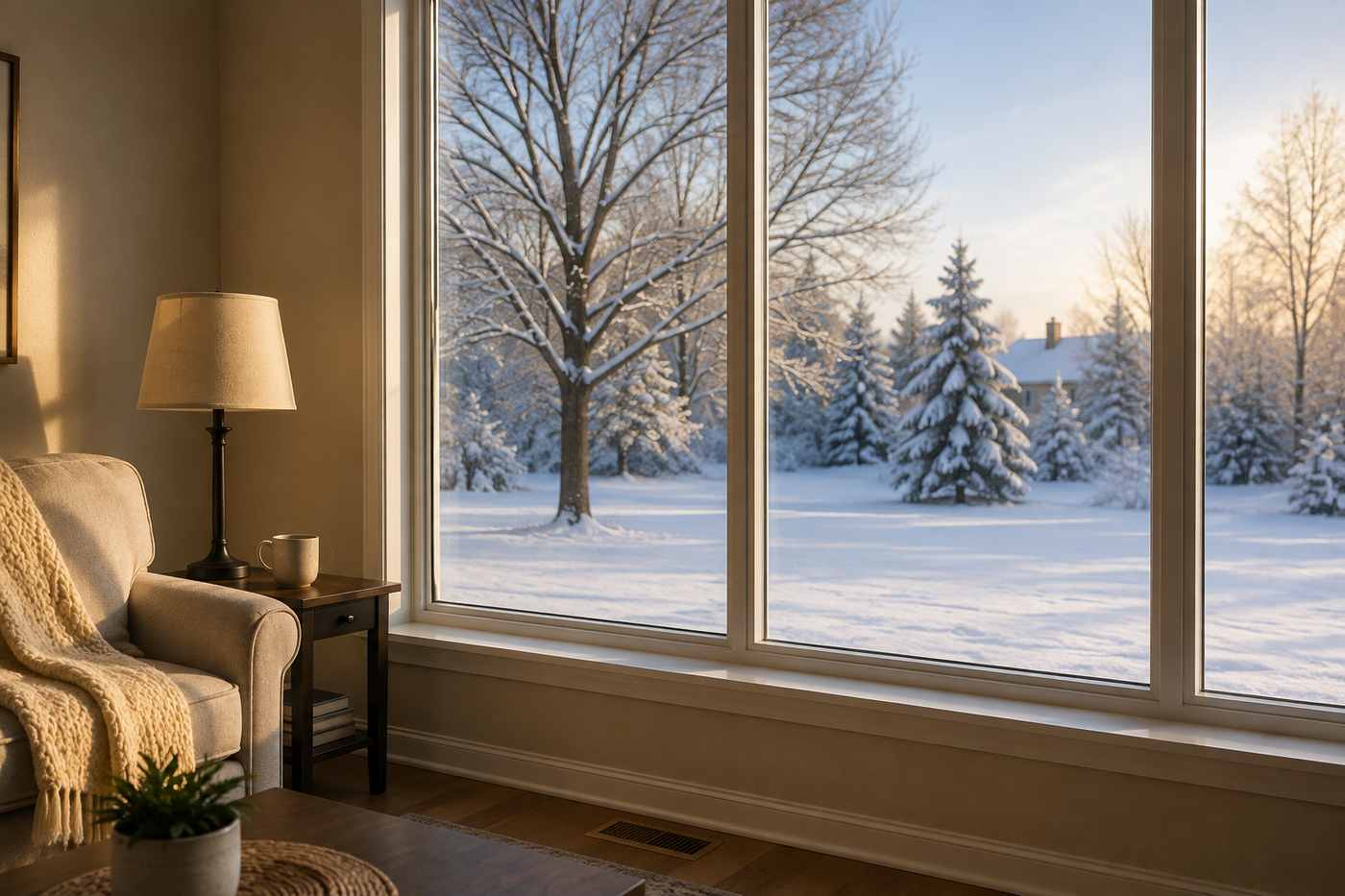 Warm living room with large insulated windows overlooking a snowy yard, illustrating winter heat retention from window film