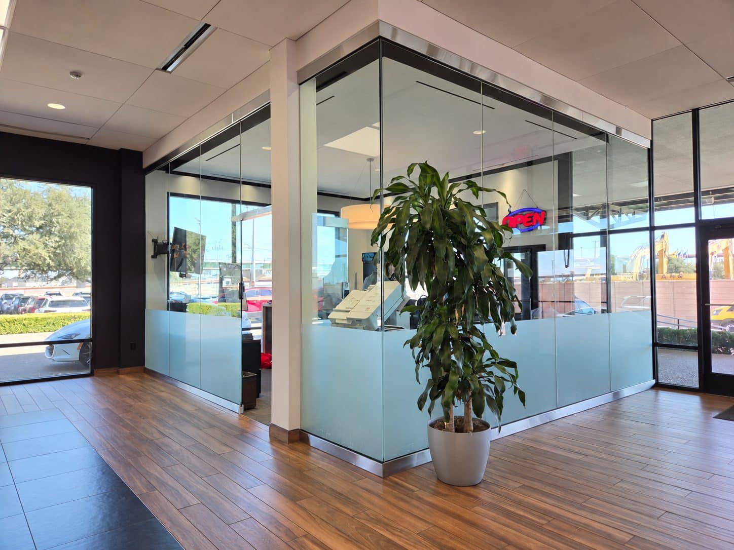 Decorative window film on commercial office glass
